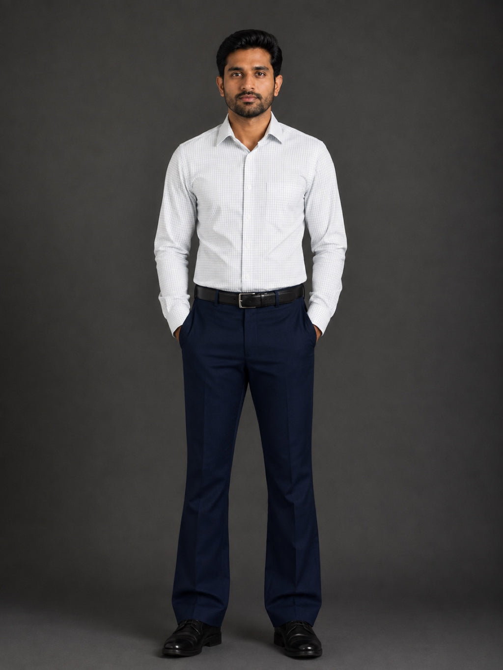 Corporate Mafia outfit 4: white shirt, navy trousers, brown belt and shoes