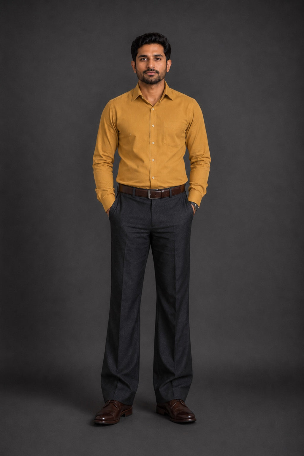 Corporate Mafia outfit 42: mustard shirt, charcoal trousers, brown belt and shoes
