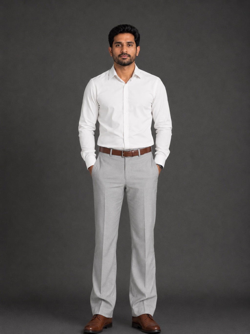 Corporate Mafia outfit 61: white shirt, light grey trousers, brown belt and shoes