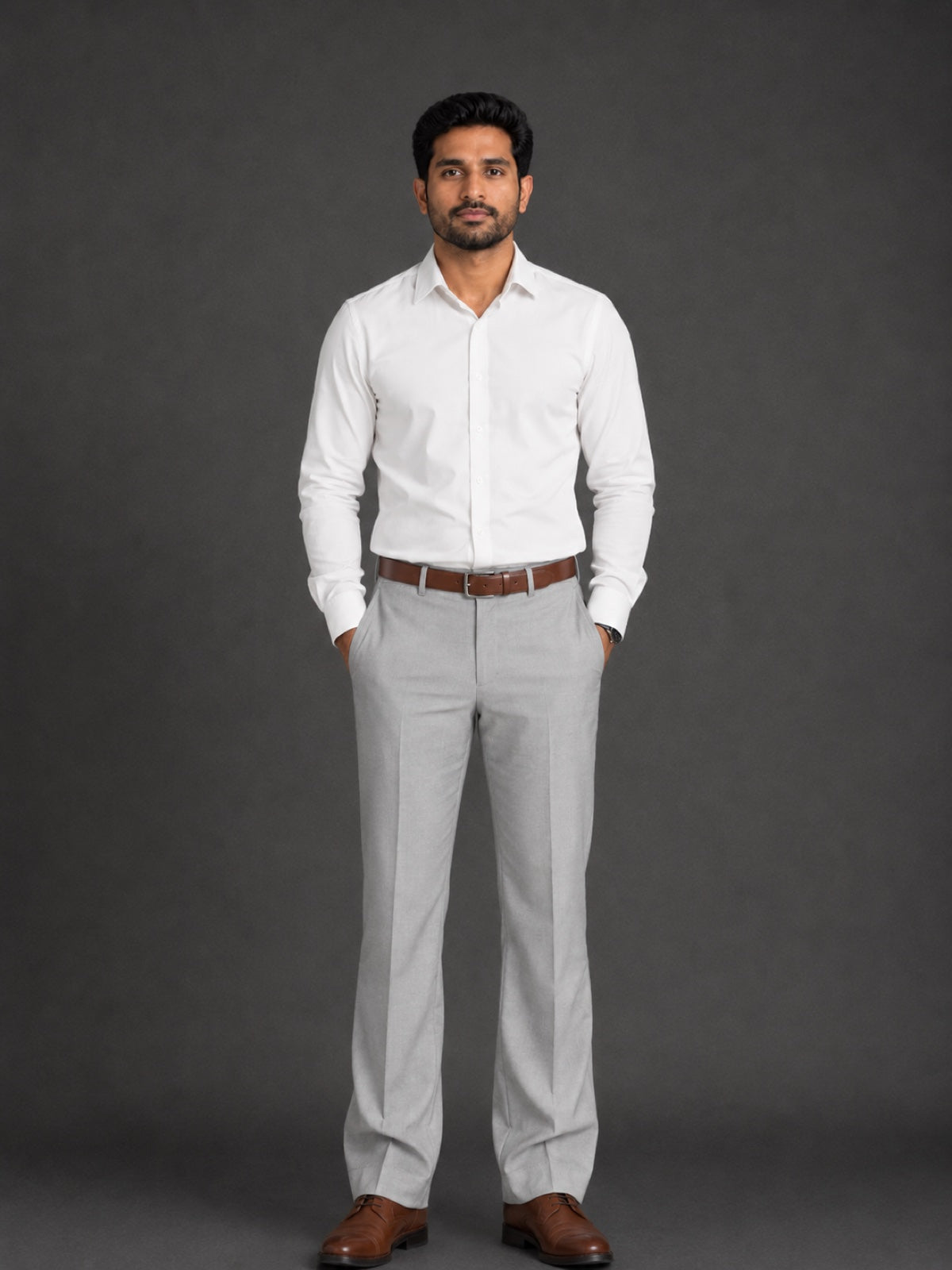 Corporate Mafia outfit 61: white shirt, light grey trousers, brown belt and shoes