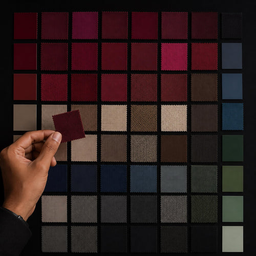 Hand holding a wine-red swatch over a grid of fabric colour swatches