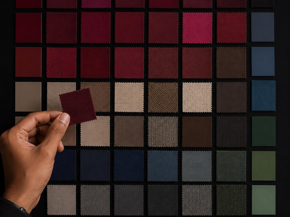 Hand holding a wine-red fabric swatch over a grid of burgundy, beige, navy and green swatches